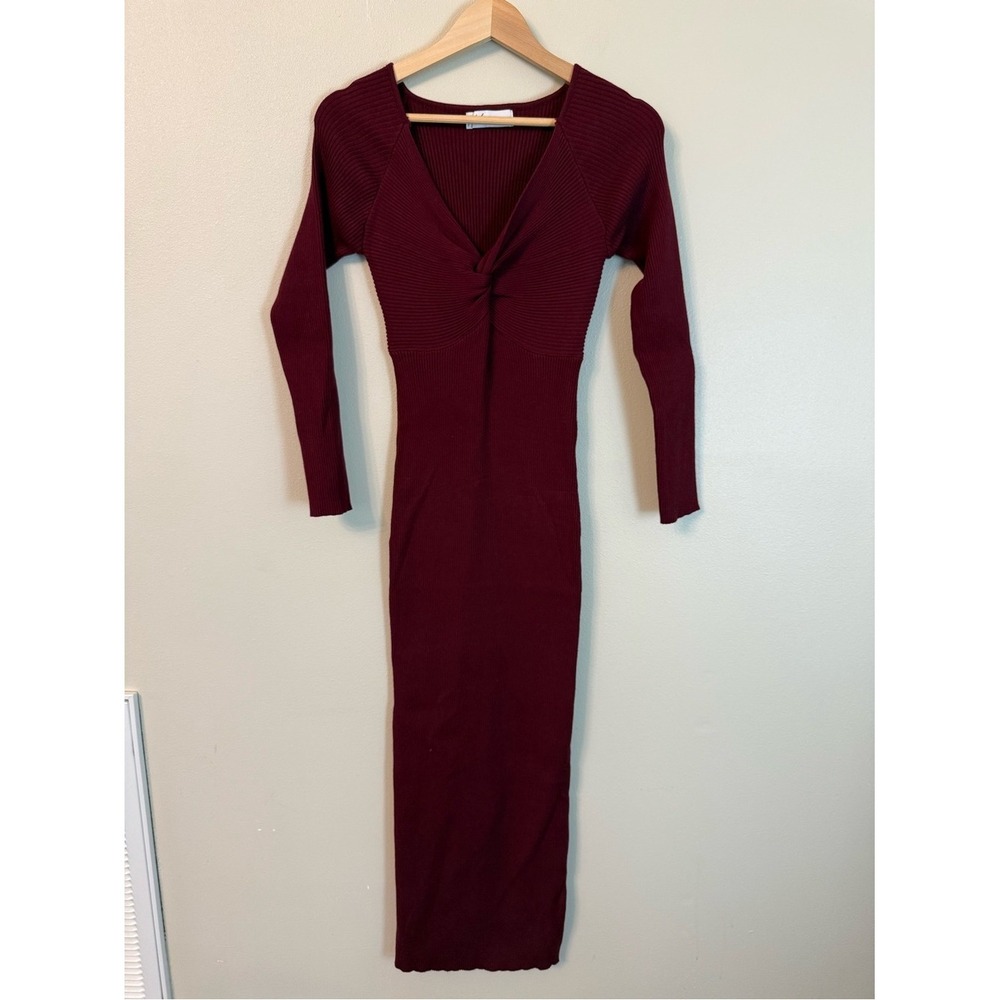 Petal & Pup Wine Ribbed Knit Twist Front Maxi Dress Bodycon - Picture 3 of 11